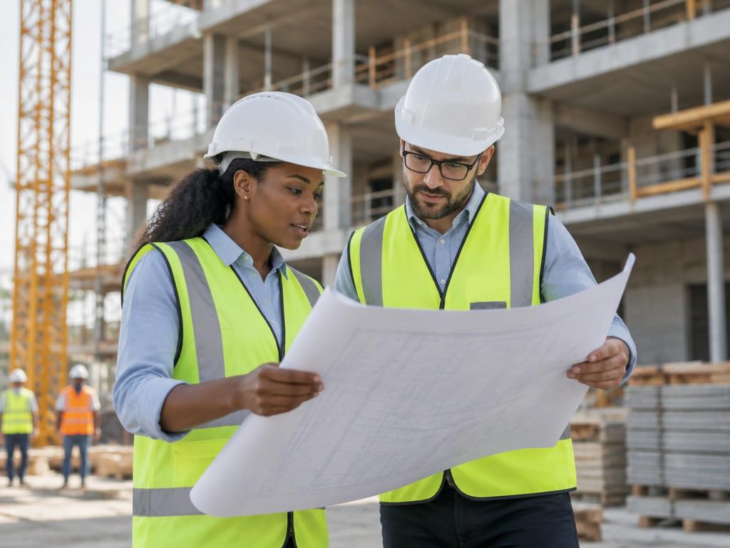 Civil engineers inspecting plans on a construction site