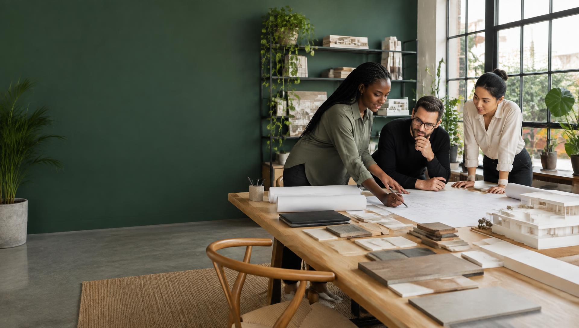 Architects reviewing plans in a design studio